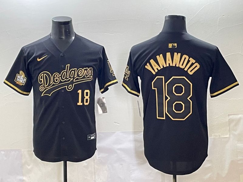 Men 2025 Los Angeles Dodgers #18 Yamamoto Black Gold Five generations Nike MLB Jersey style 9->->